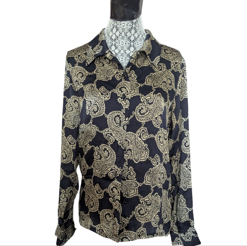 ALYSI Women's Black and Gold Paisley Button-Down Silk Shirt